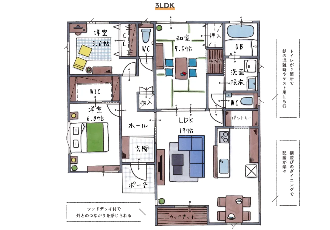 3LDK間取り図（トイレが2箇所で朝の混雑やゲスト用にも◎・横並びのダイニングで配膳が楽々・ウッドデッキ付きで外とのつながりを感じられる）