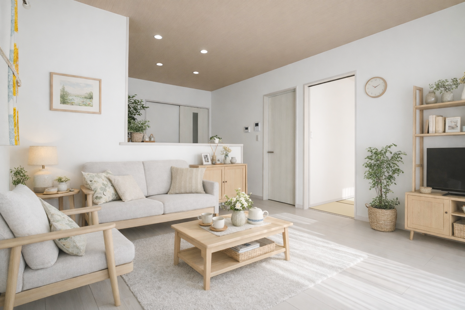 「白」と「光」が紡ぐ、夫婦二人の穏やかな平屋暮らし・内観