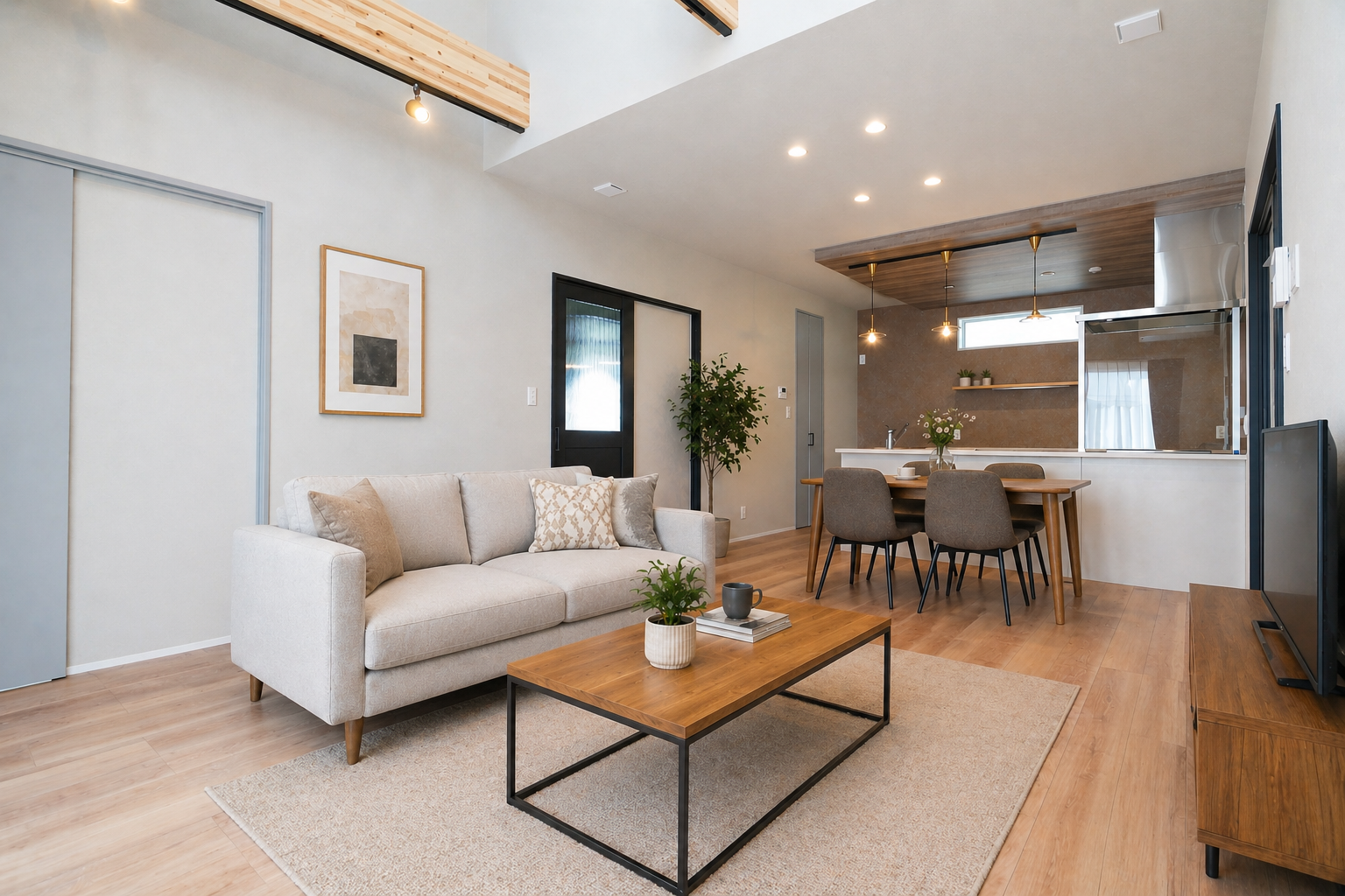 家族の時間がゆったり流れる、木の温もりと開放感に満ちた家・内観